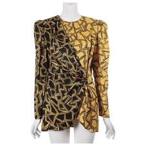 FLORA KUNG Vtg 80s Top 6 Yellow Black Printed Silk Puff Sleeve Wrap Blouse